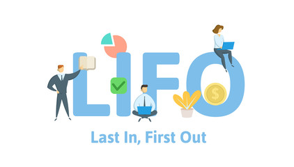 LIFO, Last In First Out. Concept with keywords, letters and icons. Colored flat vector illustration. Isolated on white background.