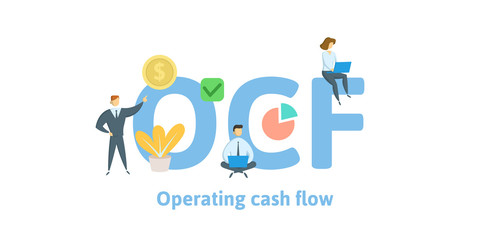 Fototapeta na wymiar OCF, Operating Cash Flow. Concept with keywords, letters and icons. Colored flat vector illustration. Isolated on white background.