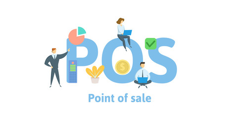 POS, Point of Sale. Concept with keywords, letters and icons. Colored flat vector illustration. Isolated on white background.