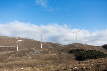 Landscape with Turbine Green Energy Electricity, Windmill for electric power production, Wind turbines generating electricity in mountains