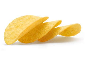 Fototapeta na wymiar Delicious potato chips, isolated on white background
