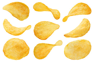 Collection of potato chips, isolated on white background