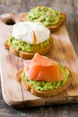 Toasted breads with poached eggs, avocado and salmon. Close up