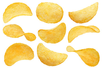 Collection of potato chips, isolated on white background