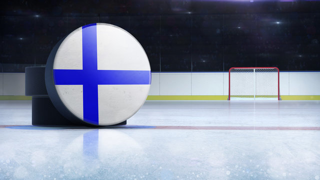 hockey puck with Finland flag side cover on ice rink with spectators background, hockey arena indoor 3D render as national illustration background