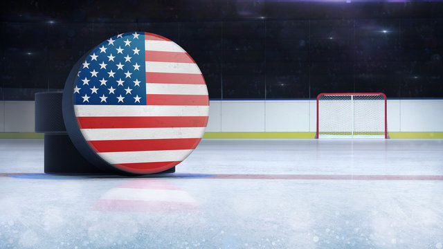 hockey puck with USA flag side cover on ice rink with spectators background, hockey arena indoor 3D render as national illustration background