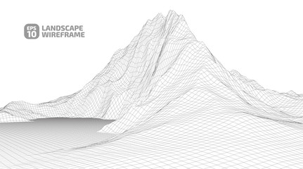 Abstract wireframe background. 3D grid technology illustration landscape. Digital Terrain Cyberspace in the Mountains with valleys. Data Array. | EPS10 Vector.