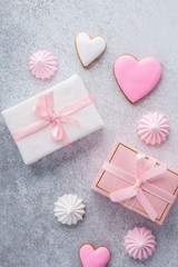 Valentines Day collection. Set of treats and objects. Flat lay.