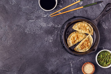 Gyoza or dumplings snack with soy sauce.