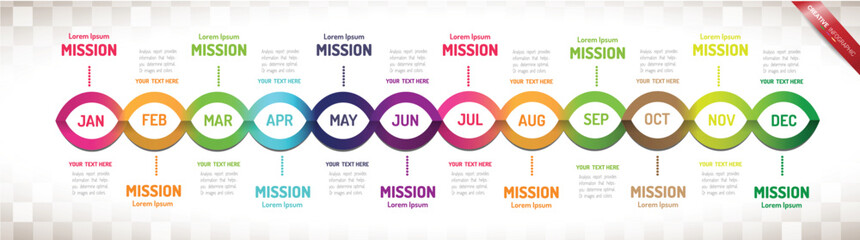 Time line for 1 year, 12 months, Timeline infographics design vector 12 steps.