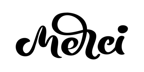 Vector hand drawn lettering Merci. Elegant modern handwritten calligraphy with thankful quote on French. Thank you Ink illustration. Typography poster on white background. For cards, invitations