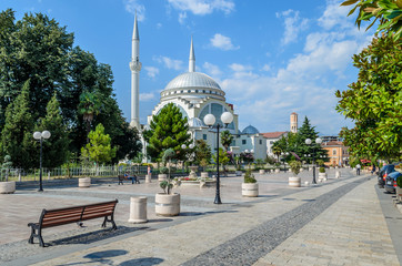 Fototapeta na wymiar Abu Bakr mosque in the center of Shkoder. Albania. Beautiful view of the Muslim shrine in the Balkan Peninsula.