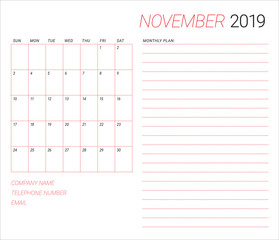 November 2019 desk calendar vector illustration