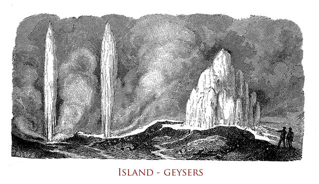 Vintage engraving of Iceland geysers, natural phenomena of spouting hot springs in geothermal areas