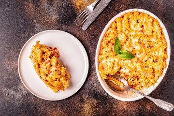 Mac and cheese, pasta baked with cheese sauce.