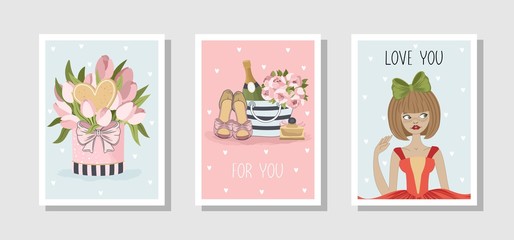 Fototapeta na wymiar Set of romantic cards in vintage style. Labels and festive items. Vector illustration.
