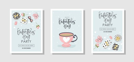 Set of romantic cards in vintage style. Labels and festive items. Vector illustration.