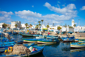 Boats in a fishing port in Mahdia, Tunisia. - obrazy, fototapety, plakaty