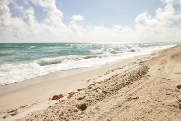 Ocean Waves Breaking On Empty Sandy Spanish Beach