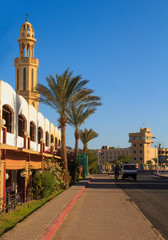 Fototapeta na wymiar Street in Hurghada with a palm tree