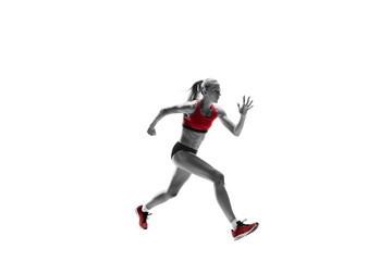Naklejka na ściany i meble The one caucasian female silhouette of runner running and jumping on white studio background. The sprinter, jogger, exercise, workout, fitness, training, jogging concept.