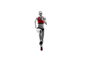 The one caucasian female silhouette of runner running and jumping on white studio background. The sprinter, jogger, exercise, workout, fitness, training, jogging concept.