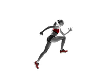 Plakat The one caucasian female silhouette of runner running and jumping on white studio background. The sprinter, jogger, exercise, workout, fitness, training, jogging concept.