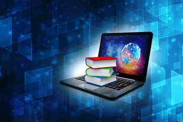 Digital library and online education concept - laptop computer with colorful books. 3d rendering