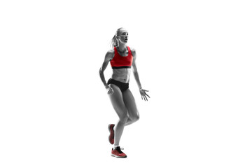 The one caucasian female silhouette of runner running and jumping on white studio background. The sprinter, jogger, exercise, workout, fitness, training, jogging concept.