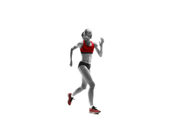 The one caucasian female silhouette of runner running and jumping on white studio background. The sprinter, jogger, exercise, workout, fitness, training, jogging concept.