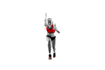 The one caucasian female silhouette of runner running and jumping on white studio background. The...