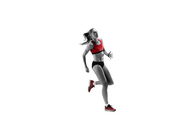 The one caucasian female silhouette of runner running and jumping on white studio background. The sprinter, jogger, exercise, workout, fitness, training, jogging concept.