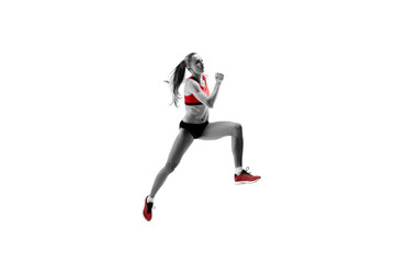 Obraz na płótnie Canvas The one caucasian female silhouette of runner running and jumping on white studio background. The sprinter, jogger, exercise, workout, fitness, training, jogging concept.