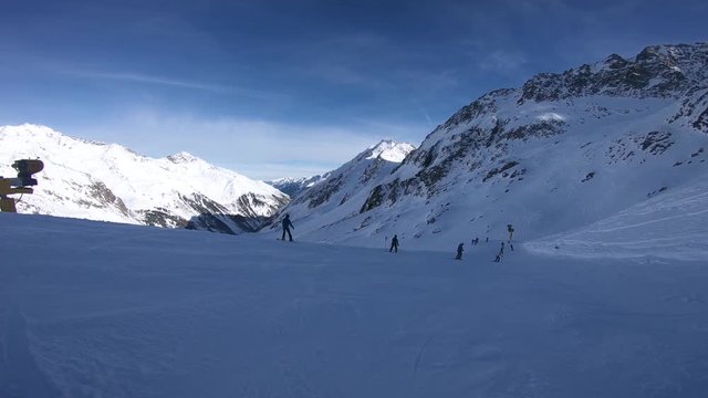 Winter time in Alps and skiers. Stubaier Gletscher . 