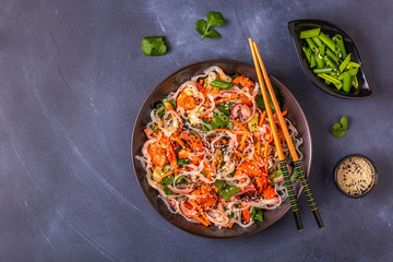 Asian salad with rice noodles, shrimp and vegetables.