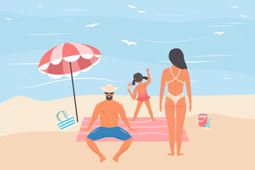 family on the beach: parents and daughter. people at sea. vector illustration.