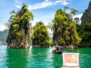 Landmarks Guilin of Thailand, Beautiful mountains and river natural attractions in Ratchaprapha Dam at Khao Sok National Park is located in Suratthani province, southern of Thailand. Cheow Larn Lake