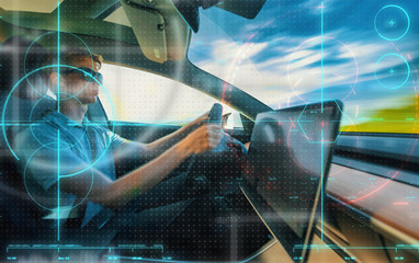 Computer assisted driving car technology theme with speed motion blur