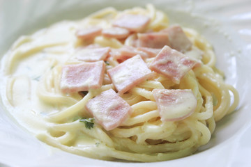 Spaghetti carbonara and becon.It is yummy breakfast.Pasta and cream is soft.