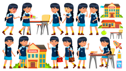 Asian Girl Vector. Primary School Child. Animation Creation Set. Face Emotions, Gestures. Life, Emotional, Pose. For Presentation, Print, Invitation Design. Animated. Cartoon Illustration
