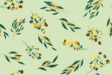 Bright Floral Seamless Pattern. Vector Eucalyptus Leaves and Beautiful Blossom Elements. Colorful Botanical Summer Background. Floral Seamless Pattern for Wedding Design, Print, Textile, Fabric, Paper