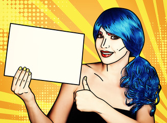 Portrait of young woman in comic pop art make-up style. Female with paper in hands