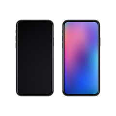 Realistic slim black smartphones with display off and display on isolated on white background. New modern cellphones with the blank screen. Vector illustration of gadgets