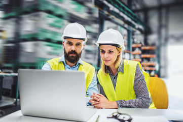 A portrait of an industrial man and woman engineer with laptop in a factory, working.