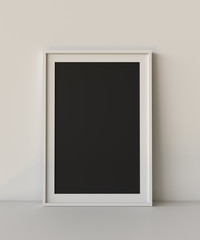 Blank picture frame with table and wall background. 3D rendering.