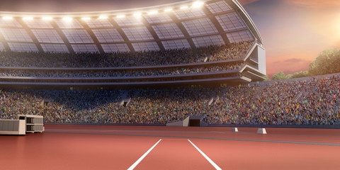 Running track. 3D illustration. Professional athletics stadium - obrazy, fototapety, plakaty