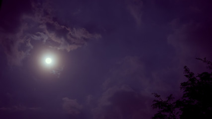 Fototapeta premium night sky and astronomy on violet or purple background concept from full moon behind the cloud during watch spectacular winter solstice event in december of 2018