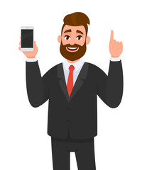 Handsome businessman holding/showing brand new smartphone/mobile/cell phone in hand and pointing index finger upside. Human emotion and body language concept illustration in vector.