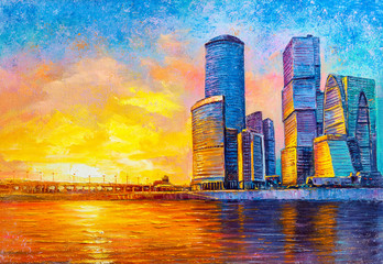 City business buildings evening landscape, oil painting