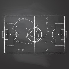 The tactical scheme of football game drawn with the chalk on the black rubbed chalkboard. The soccer tactical scheme with two teams players and strategy arrows. Vector illustration © Vattenson